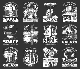 Wall Mural - outer space explore monochrome vector icons. universe expedition galaxy adventure. astronaut, space 