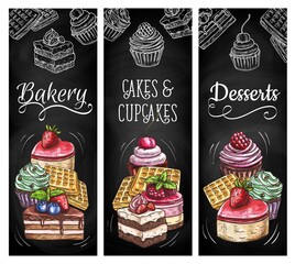 Desserts, cakes and bakery vector banners. Baker shop pastry assortment, engraved bake cupcakes, belgian waffles and bisquit cake. Fresh sketch baking sweet desserts and typography on black chalkboard