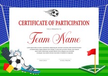 Certificate For Soccer Tournament Participation. Football Club Diploma Vector Template. Sports Award Border Design With Ball, Shoe, Glove And Gate With Flag, Yellow And Red Cards. Sport Achievement