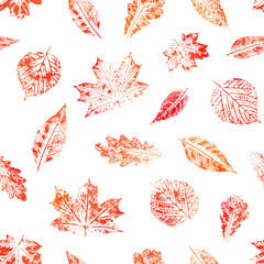 Seamless pattern with leaves imprints. Orange watercolor design. Colorful autumn ornament.