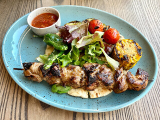 Canvas Print - pork kebab meat on wooden skewer