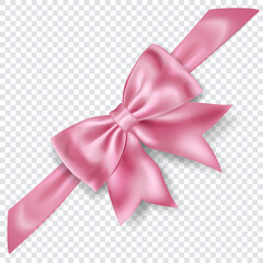 Wall Mural - Beautiful pink bow with diagonally ribbon with shadow on transparent background. Transparency only in vector format