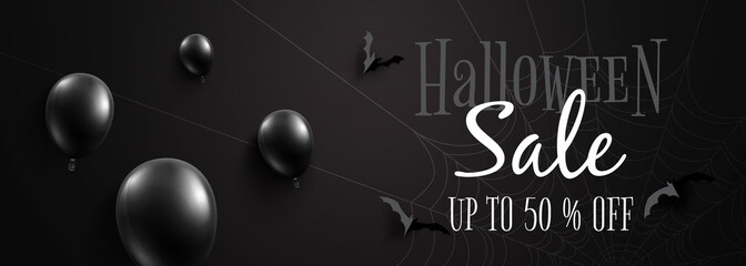Aufkleber - Happy halloween sale banner background template.Black halloween balloons and flying bats on black background paper cut style.