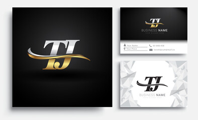 Wall Mural - initial letter TJ logotype company name colored gold and silver swoosh design. Vector sets for business identity on white background.