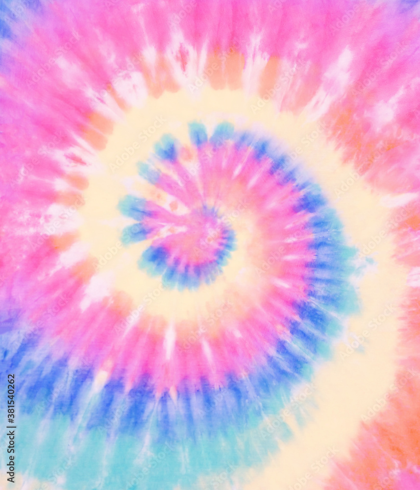 Spiral tie dye wallpaper. Swirl tiedye background in pink blue and green. Boho hippie tie-dye pattern. - obrazy, fototapety, plakaty 