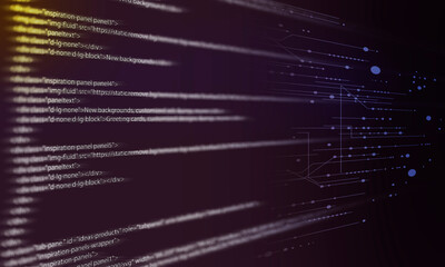 glowing digital code on a dark background.