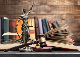 Poster - Sculpture justice bronze lady and open books and gavel