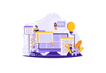 tiny illustration young programmer coding new project sitting on computer with command line web deve