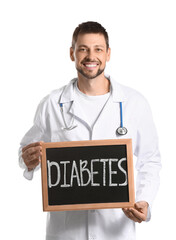 Poster - Doctor holding chalkboard with word DIABETES on white background