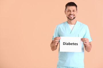 Poster - Doctor holding paper with word DIABETES on color background