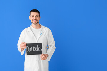 Poster - Doctor holding board with word DIABETES on color background