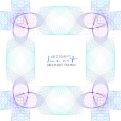 Wall Mural - Open-work frame of tangled subtle lines. Turquoise, violet, purple, blue gradient. Symmetric abstract pattern. Modern vector line art design. Squiggly multicolored curves. White background. EPS10