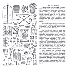  Illusrtation with hand drawn laundry icons. Collection of sketched objects.  Home laundry service. Accessories for washing and drying clothes