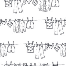 Seamless Pattern With Hand Drawn Clothes. Collection Of Sketched Objects.  Home Laundry Service.  Dried Clothes