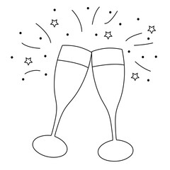 Two Champagne glasses toasting celebration - black and white simple outline vector hand drawn.