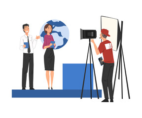 Wall Mural - Television Industry, Presenters Broadcasting with Cameraman on Television, News, TV Show Studio Cartoon Style Vector Illustration