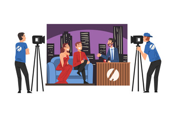 Wall Mural - TV Show Interview with Famous Persons, Television Industry Concept Cartoon Style Vector Illustration