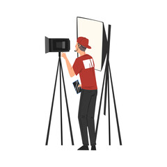 Canvas Print - Cameraman Shooting with Professional Video Camera on Tripod, Television Industry Concept Cartoon Style Vector Illustration