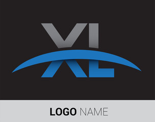 XL initial logo company name colored grey and blue swoosh design.