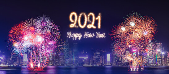 Wall Mural - Happy new year 2021 firework over cityscape building near sea at night time celebration,mock up Banner for advertise on social media