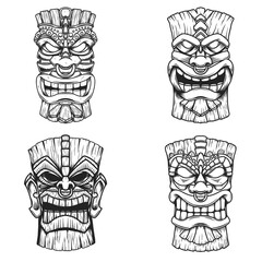 Wall Mural - Sет of Illustrations of Tiki tribal wooden mask. Design element for logo, emblem, sign, poster, card, banner. Vector illustration