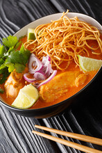 Khao Soi Or Khao Soy Is A Chin Haw Dish Served Widely In Myanmar Laos And Northern Thailand Closeup In The Bowl. Vertical