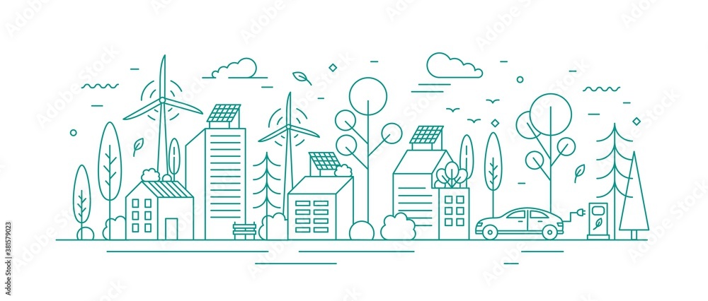 Modern environmentally friendly city with ecological infrastructure, electrical car charger, solar panel and windmill. Monochrome vector line art illustration of eco cityscape with alternative energy - obrazy, fototapety, plakaty 