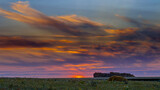 Fototapeta Na ścianę - Beautiful and rich sunset over the field in autumn. Red-blue sky and white clouds