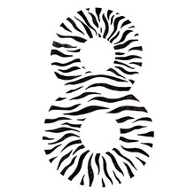 Hand-drawn Watercolor Number 8 With Zebra Print Isolated On A White Background. Symbol Eight With An Animal Pattern For A Birthday Party And Other Events. Cute Safari Number For Your Design.