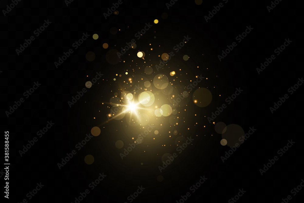 Glow light effect. Vector sparkles on a transparent background. Christmas light effect. Sparkling magical dust particles.The dust sparks and golden stars shine with special light. - obrazy, fototapety, plakaty 