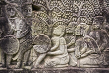 Detail Of Bas Relief On The Bayon , Angkor Thom, Siem Reap