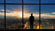 © realstock1 - The male standing near the panoramic window against the beautiful sunset