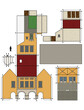 The vectorized hand drawing of an paper model of the old yellow  town burger house