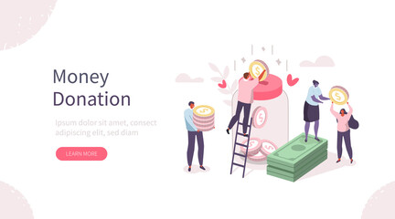 Wall Mural - People Characters Donate Money for Charity. Volunteers Collecting and Putting Coins And Banknotes in Donation Jar. Financial Support and Fundraising Concept. Flat Isometric Vector Illustration.