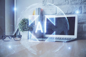 Fototapete - Double exposure of desktop computer and technology theme hologram. Concept of software development.