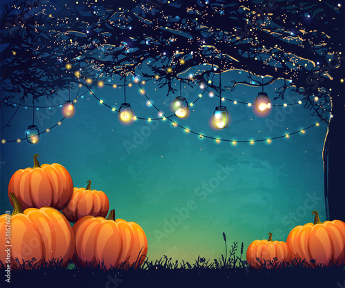 Autumn poster with holiday lights and pumpkins for thanksgiving day, halloween party or festival.