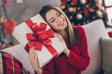 Canvas Print - Photo of positive girl sit divan hold big present box wear red sweater in house indoors with x-mas christmas tinsels