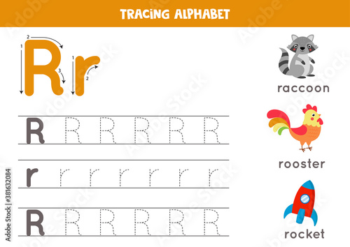 Cuadros en Lienzo Tracing alphabet letter R with cute cartoon pictures.