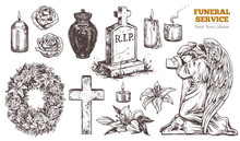 Funeral Service Vector Hand Drawn Set. Attributes And Symbols Of Condolence, Loss, Dead, Bereavement And Cemetry. Sketch Of Vintage Stone Angel, Tombstone, Urn, Cross, Resurrection