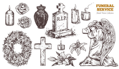 Funeral service vector hand drawn set. Attributes and symbols of condolence, loss, dead, bereavement and cemetry. Sketch of vintage stone angel, tombstone, urn, cross, resurrection