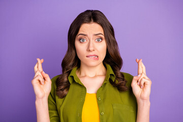 Sticker - Close-up portrait of her she nice attractive lovely pretty cute worried brown-haired girl waiting news crossed fingers isolated over bright vivid shine vibrant lilac violet purple color background