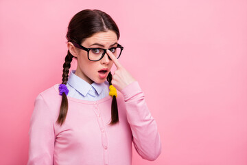 Canvas Print - Close-up portrait of her she attractive lovely pretty cute funny modest brown-haired girl wearing touching specs education study learn isolated over pink pastel color background