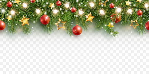 border with green fir branches, stars, lights isolated on transparent background. pine, xmas evergre