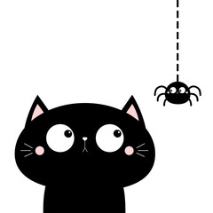 Canvas Print - Cat face head looking at hanging spider insect. Cute cartoon character icon. Kawaii baby animal. Happy Halloween. Flat design. Notebook cover, tshirt, greeting card, sticker print. White background.