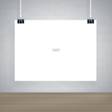 White Paper Poster Hanging On White Brick Wall In Wooden Room Space. Vector.