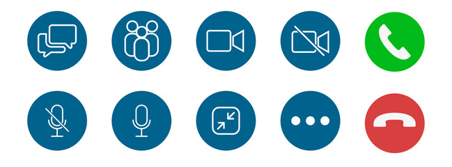 Set of Video call icons. Video conference. Collections buttons of on-line video chat app, internet talk, call technology. Web app ui display template. Videoconferencing and online meeting workspace