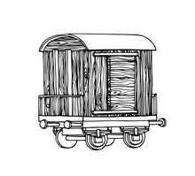 Old Industrial Freight Wagon Made Of Wooden Boards, Logistic, Railway Cargo Transportation, Vector Illustration With Black Contour Lines Isolated On A White Background In A Doodle & Hand Drawn Style