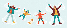 Happy Family Mom, Dad, Son, Daughter And Dog Make A Snow Angel. Family Vacation Concept, Template For Postcard, Invitation, Banner. Winter Fun. Collection Of Cute Characters. Vector Illustration