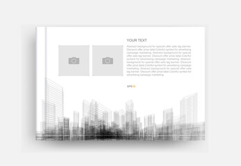 Magazine book cover with image of city wireframe perspective and blank photo frame area. Vector.