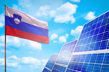 Slovenia alternative energy, solar energy concept with flag industrial illustration - symbol of fight with global warming, 3D illustration